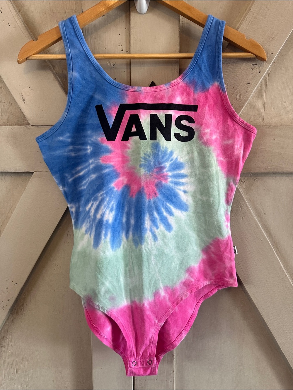 Vans Tie Dye Bodysuit Tank Top Large Pink Blue Green Logo Snap Crotch One Piece